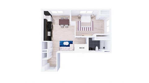 Floor plan for 1 bed, 1 bath, 709 sqft